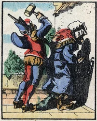 Historie Dr. Pulcinella (Polichinelle). Dřevoryt Imaging Pellerin - Epinal, sd. Konec 19. století.
