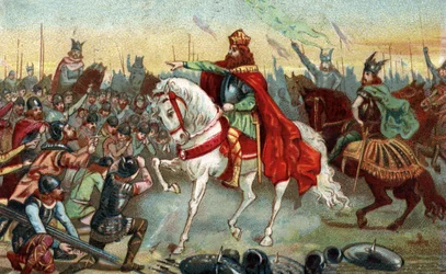Historie Galie ve středověku: Germánští Sasové klečící před králem Karlem Velikým (742 - 814), který vyhrál války. Chromolitografie konce 19. století.