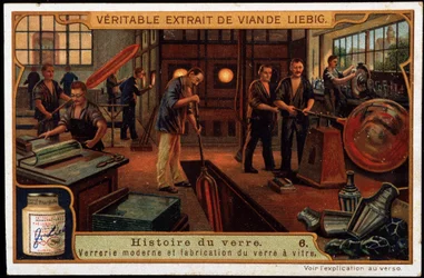 Historie skla: Moderní sklářské výrobky a výroba skla na konci 19. století. Liebigova chromolitografie z konce 19. století.