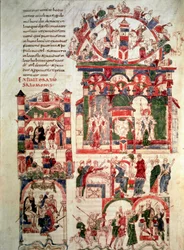 Historie života krále Šalamouna Stránka Bible z Noailles (nebo Bible Sant Pere de Roda nebo Saint Pierre de Rodas) 10. nebo 11. století Paříž, B.N.