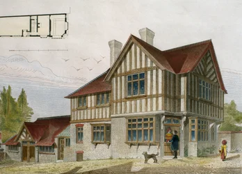 Dům malého obchodníka v oblasti Londýna, ilustrace z Le Moniteur des architectes, 1884, rytý Paul Louis Bury (19. století) (barevná rytina)