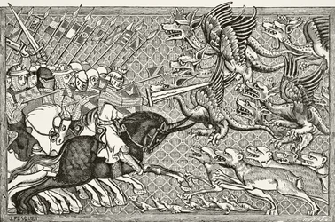 Jak Alexandr bojoval s draky a druhem bestie zvaným škorpion, z knihy "Science and Literature in the Middle Ages" od Paula Lacroixe (1806-84), vydané v Londýně roku 1878.