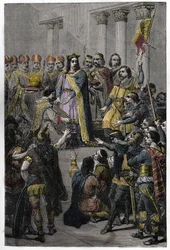 Hugo Kapet zvolen králem - Korunovace Huga Kapeta (ca. 941-996), francouzského krále, 3. července 987 v Noyonu Adalberonem (ca. 925-990), remešským arcibiskupem.
