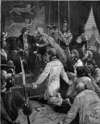 stoletá válka. Buržoazie z Calais: oddanost Eustachea svatého Petra a jeho společníků anglickému králi Edwardu III., prosí o jejich milost, podporovanou královnou Filipou Hainautskou (1311-1369).