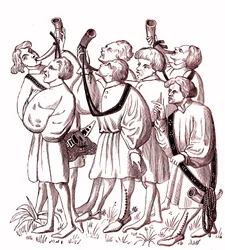 Zvonění na lovecké rohy (15. století) - Simile College miniatury z rukopisu Gastona Phebuse (1331-1391)