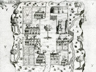 Ile Ste. Croix, nejstarší francouzská osada v Acadii, 1604, z Voyages od Samuela de Champlain (c.1580-1635), 1613