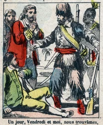 Ilustrace ke knize Daniela Defoe (De foe) „“ Robinson Crusoe““. Epinal zobrazování z konce 19. století.