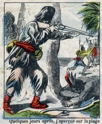 Ilustrace ke knize Daniela Defoe (De foe) „“ Robinson Crusoe““. Epinal zobrazování z konce 19. století.