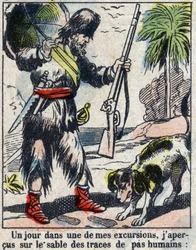 Ilustrace ke knize Daniela Defoe (De foe) „“ Robinson Crusoe““. Epinal zobrazování z konce 19. století.