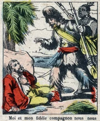 Ilustrace ke knize Daniela Defoe (De foe) „“ Robinson Crusoe““. Epinal zobrazování z konce 19. století.
