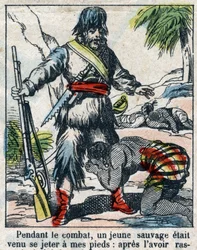Ilustrace ke knize Daniela Defoe (De foe) „“ Robinson Crusoe““. Epinal zobrazování z konce 19. století.