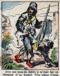 Ilustrace ke knize Daniela Defoe (De foe) „“ Robinson Crusoe““. Epinal zobrazování z konce 19. století.