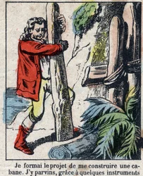 Ilustrace ke knize Daniela Defoe (De foe) „“ Robinson Crusoe““. Epinal zobrazování z konce 19. století.