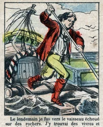 Ilustrace ke knize Daniela Defoe (De foe) „“ Robinson Crusoe““. Epinal zobrazování z konce 19. století.