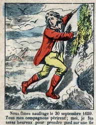 Ilustrace ke knize Daniela Defoe (De foe) „“ Robinson Crusoe““. Epinal zobrazování z konce 19. století.