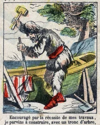Ilustrace ke knize Daniela Defoe (De foe) „“ Robinson Crusoe““. Epinal zobrazování z konce 19. století.