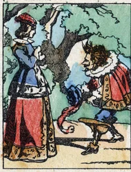 Ilustrace k „“ Riquet a la houppe““, příběh Charlese Perraulta (1628-1703), francouzského spisovatele. Dřevoryt Imaging Pellerin - Epinal, sd. Konec 19. století.