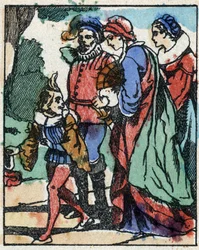 Ilustrace k „“ Riquet a la houppe““, příběh Charlese Perraulta (1628-1703), francouzského spisovatele. Dřevoryt Imaging Pellerin - Epinal, sd. Konec 19. století.