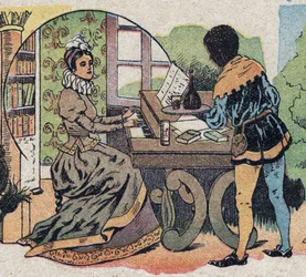 Ilustrace k pohádce „Kráska a Bete““: byla obklopena pozorností. Rytina snímků Quinn, circa 1890.