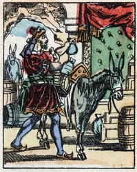 Ilustrace k Pohádkám tisíce a jedné noci. Ali-Baba (Ali Baba). Dřevoryt z Imaging Pellerin - Epinal, sd. Konec 19. století.