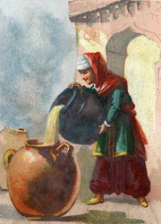 Ilustrace k Pohádkám tisíce a jedné noci. Morgiane, otrok Ali Baba (Ali Baba), když si uvědomila, že vázy obsahují zloděje, vzala jim život tím, že do každé nádoby nalila vroucí olej. Chromolitografie kolem roku 1890.