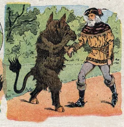 Ilustrace k pohádce „Kráska a Bete“: ptá se Bete obchodníka, právě sbírá růži, svůj život nebo život jedné z jeho dcer. Rytina snímků Quinn, circa 1890.