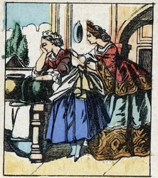 Ilustrace pohádky Charlese Perraulta „Popelka aneb Skleněný střevíček“. Dřevoryt Imaging Pellerin - Epinal, sd. Konec 19. století.
