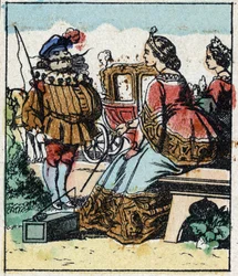 Ilustrace pohádky Charlese Perraulta „Popelka aneb Skleněný střevíček“. Dřevoryt Imaging Pellerin - Epinal, sd. Konec 19. století.