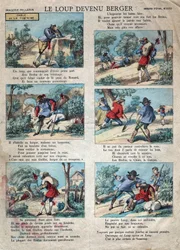 Ilustrace bajky Jean de la Fontaine (1621-1695): vlk se stal pastýřem. Epinal imaging z konce 19. století.
