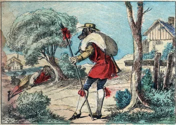 Ilustrace bajky Jean de la Fontaine (1621-1695): vlk se stal pastýřem. Epinal imaging z konce 19. století.