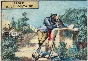 Ilustrace bajky Jean de la Fontaine (1621-1695): vlk se stal pastýřem. Epinal imaging z konce 19. století.