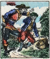 Ilustrace příběhu „“ Raminagrobis a myši „“ Dřevoryt z Imaging Pellerin - Epinal, sd. Konec 19. století.