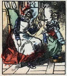 Ilustrace příběhu „“ Raminagrobis a myši „“ Dřevoryt z Imaging Pellerin - Epinal, sd. Konec 19. století.