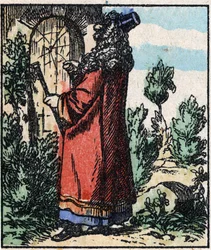 Ilustrace příběhu „“ Raminagrobis a myši „“ Dřevoryt z Imaging Pellerin - Epinal, sd. Konec 19. století.