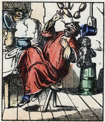 Ilustrace příběhu „“ Raminagrobis a myši „“ Dřevoryt z Imaging Pellerin - Epinal, sd. Konec 19. století.
