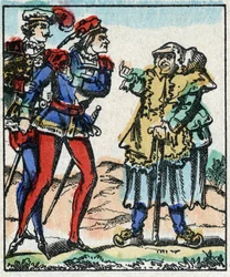 Ilustrace příběhu „The Adventures of Grand Flandrin““ Dřevoryt od Imaging Pellerin - Epinal, sd. Konec 19. století.