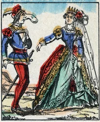 Ilustrace příběhu „The Adventures of Grand Flandrin““ Dřevoryt od Imaging Pellerin - Epinal, sd. Konec 19. století.
