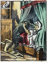 Ilustrace příběhu „Červená karkulka“ od Charlese Perraulta. Dřevoryt od Imaging Pellerin - Epinal, sd. Konec 19. století.