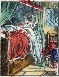 Ilustrace příběhu „Červená karkulka“ od Charlese Perraulta. Dřevoryt od Imaging Pellerin - Epinal, sd. Konec 19. století.