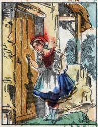 Ilustrace příběhu „Červená karkulka“ od Charlese Perraulta. Dřevoryt od Imaging Pellerin - Epinal, sd. Konec 19. století.