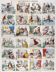 Ilustrace k bajkám Jean de La Fontaine (1621-95) imagerie Gangel a P. Didion v Metz (barevná rytina)