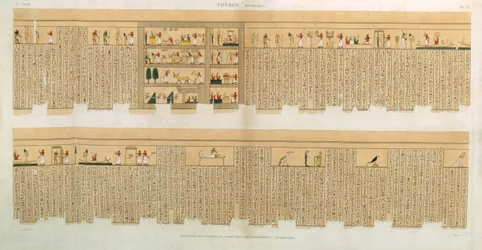 Ilustrace rukopisu Pampus s hieroglyfy, Hypogees, Théby, deska 75 ze svazku II `Descriptions of Egypt`, vyryl Willemin, pub. 1822 (akvatinta)