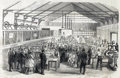 Impress Eugenie a Imperial Prince návštěva Banque de France, 23. června 1866 - tisk bankovek - rytina v Le MONDE Illustrous DU 7.7.1866