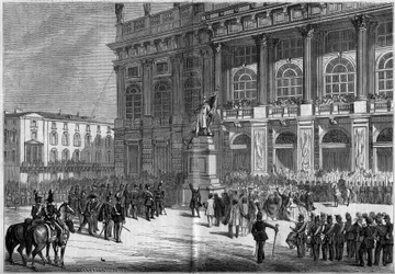 Inaugurace sardinského pomníku Vincenzem Velou (1820-1891) na Zámeckém náměstí v Turíně (Itálie) dne 10. dubna 1859. Za sochou je „Palazzo Madama“. Na základě náčrtů pana Ferryho. Rytina v „“ Le Monde Illustré““ č. 106 ze dne 23. dubna 18