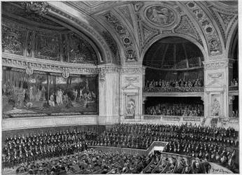 Inaugurace nové Sorbonny v roce 1889: velký amfiteátr během ceremonie.