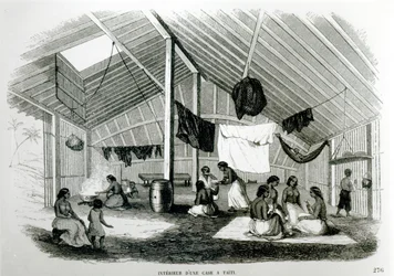 Uvnitř tahitanské chýše, z „Voyages dans Les Deux Oceans“, Eugene Delessert, 1848