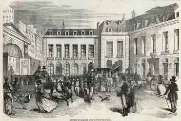Interiér velkého nádvoří Hôtel des Postes v Paříži - rytina v „Tableau-de-Paris“ od Edmonda Texiera 1852