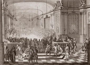 Vnitřní pohled na Jacobins Hall, v Nantes, během držení Spojených států Bretaň v roce 1764.