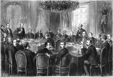 Mezinárodní válečný kongres, Brusel, červenec-srpen 1874: delegáti 15 evropských států se scházejí, aby projednali návrh Mezinárodní deklarace o zákonech a obyčejích války. Rytina v „Le Monde Illustré“, č. 908 z 5. září