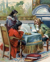 Rozhovor Gottfrieda Wilhelma Leibnize (1646-1716), německého filozofa s Jacquesem-Benigne (Jacques Benigne) Bossuetem (1627-1704), francouzským teologem a spisovatelem. chromolitografie.